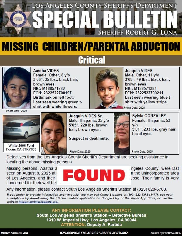 *UPD* FOUND #LASD is Advising Critical Missing Children Juaquin and Aastha Vides...