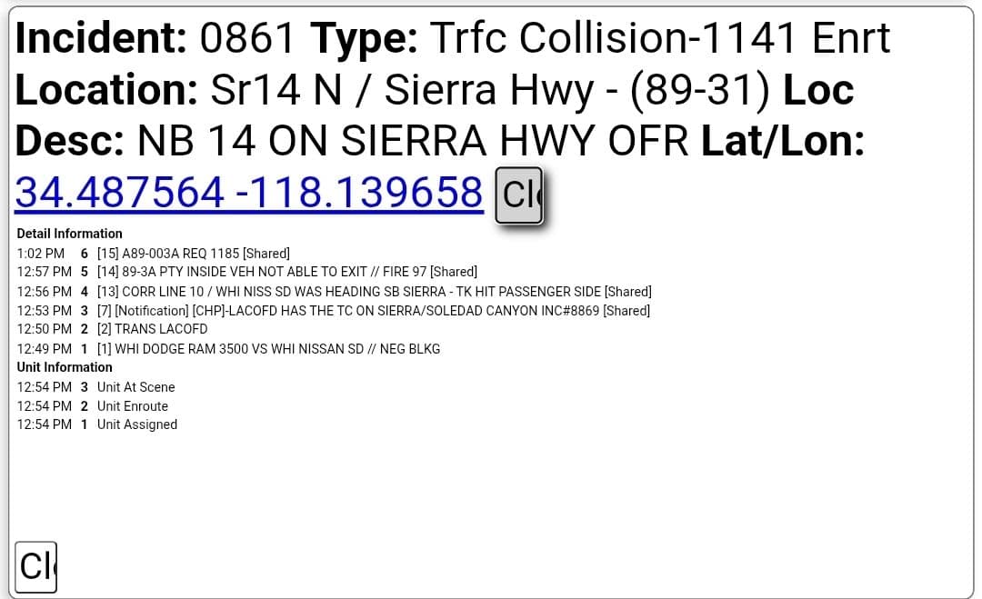 11-79....NB 14 at Sierra offramp....white Ram vs white Nissan sedan....CHP and FD...