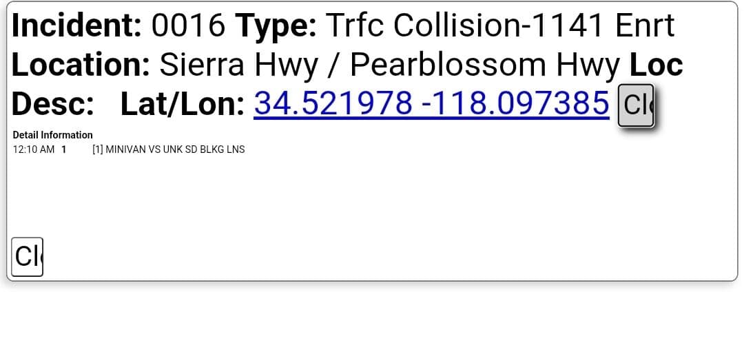 11-79....Sierra Highway and Pearblossom Highway....white SUV vs pickup truck, witness states SUV...