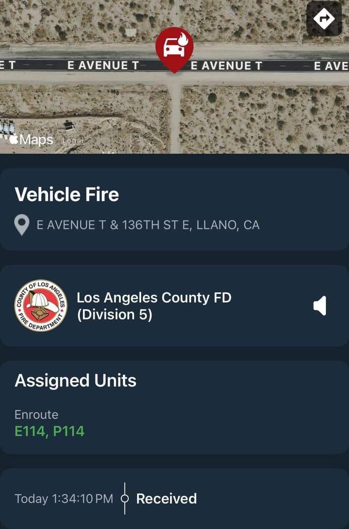 904A…136th Street East and Avenue T…reported vehicle fire…Sheriff and FD enroute code...