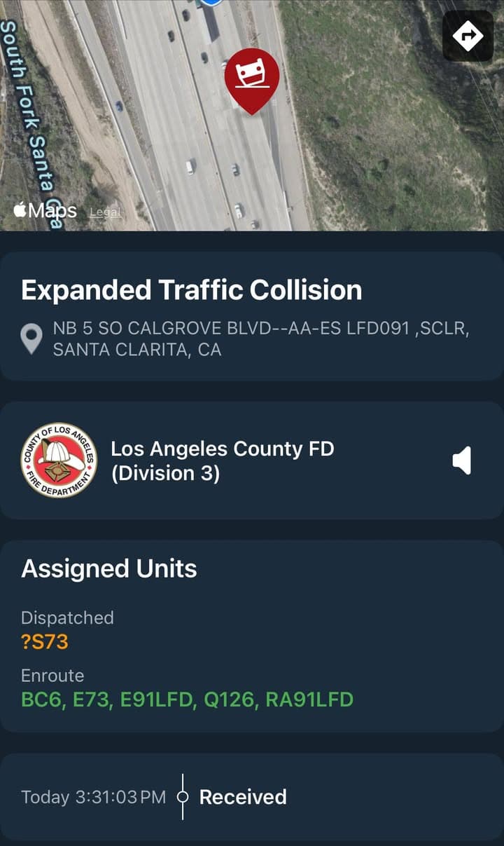 11-79…NB5 just south of Lyons Avenue…vehicle vs motorcycle…rider down in lanes…vehicle overturned...