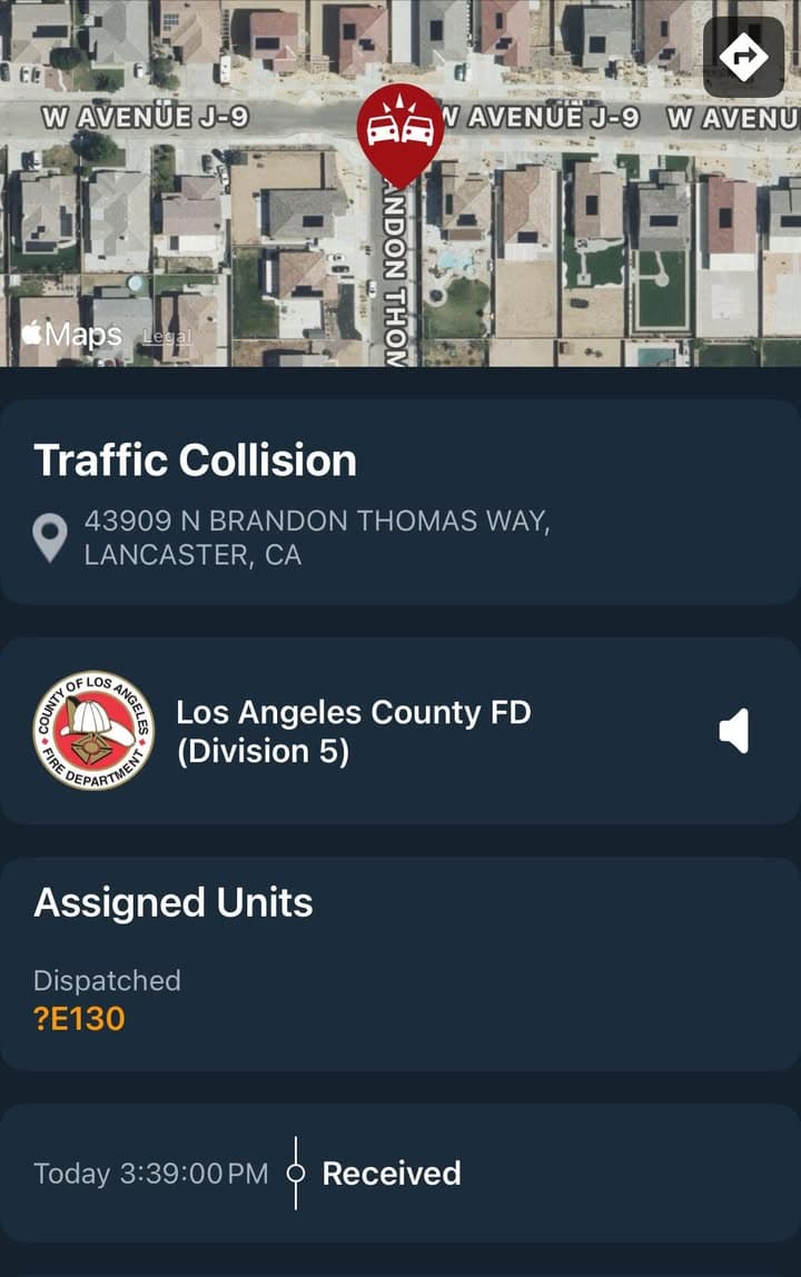 901T/902R…43909 Brandon Thomas Way…2 vehicle traffic collision blocking roadway…Sheriff and FD enroute...