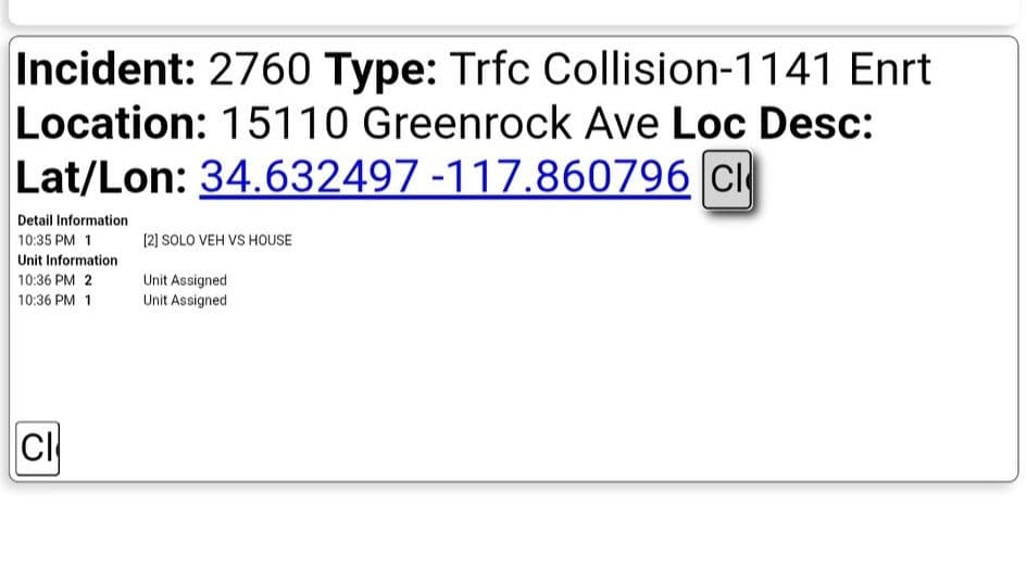 11-79....151st Street East and Avenue N (Greenrock).....solo vehicle vs house....CHP and FD...