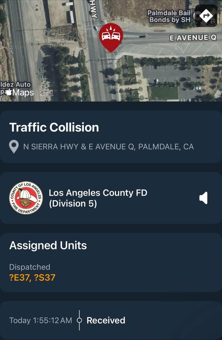 902T/902R…Sierra Highway and Palmdale Blvd…solo vehicle traffic collision…Sheriff and FD enroute code...