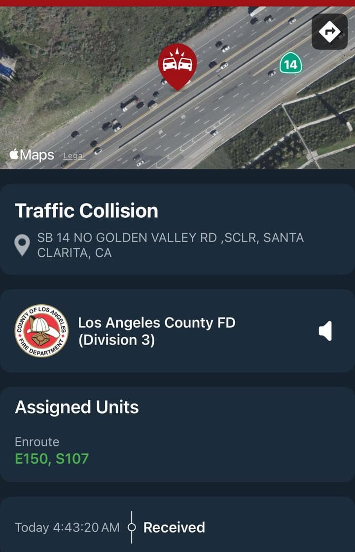 11-79…SB14 north of Golden Valley Rd…solo vehicle traffic collision….vehicle into embankment…CHP and...