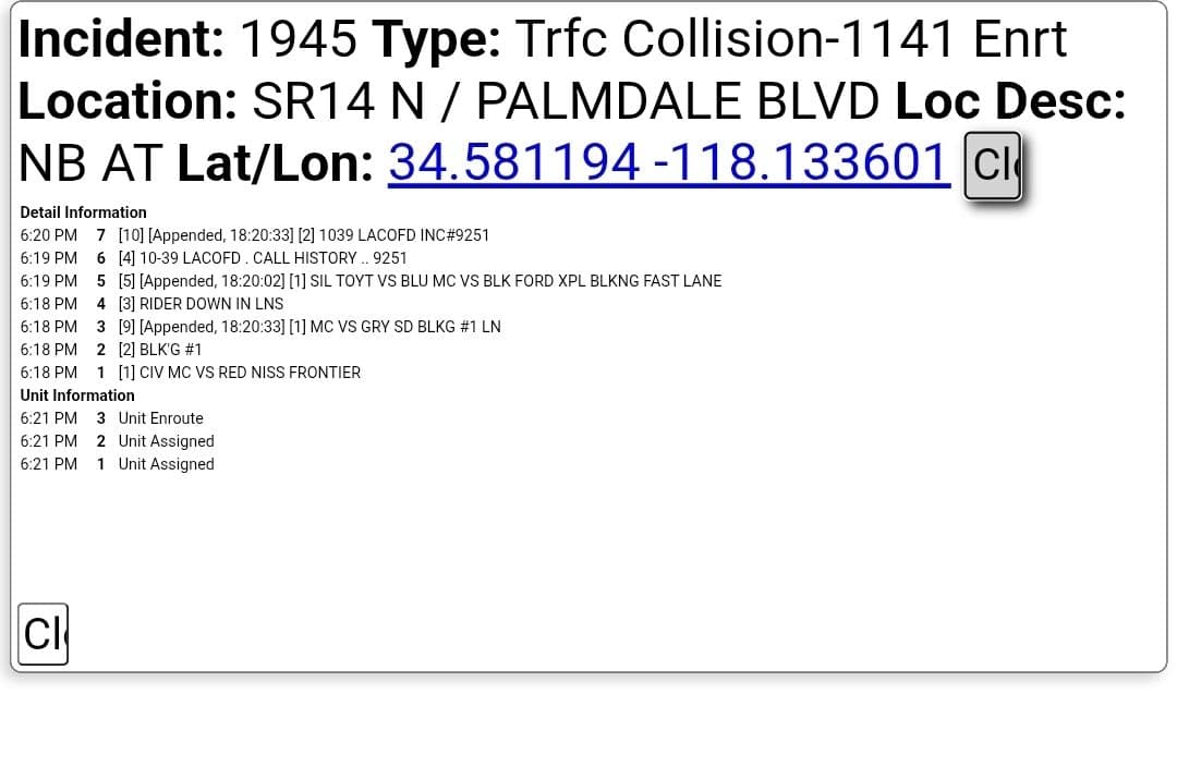 11-79....northbound 14 at Palmdale Blvd....silver Toyota vs blue motorcycle vs black Ford...