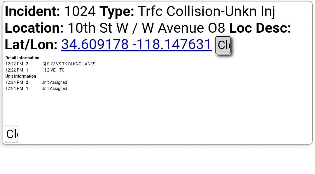 11-83....10th Street West and Avenue O-8....two vehicle collsion, SUV vs truck, unknown...