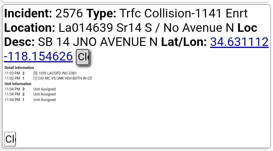 11-79....SB 14 at Avenue N....motorcycle vs vehicle, rider is down....CHP and FD...