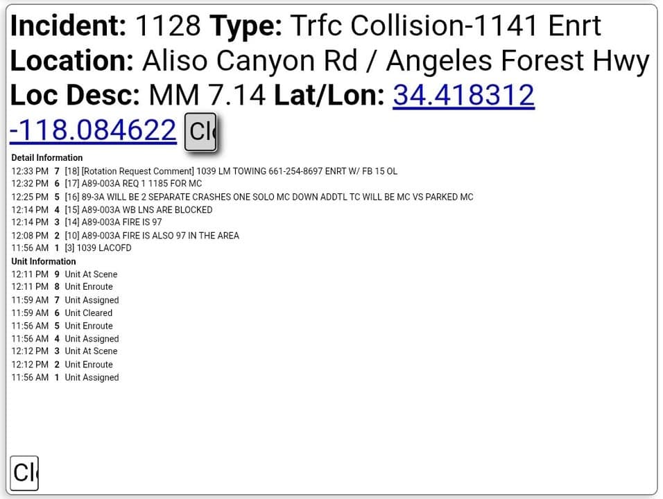 11-79....Aliso Canyon at mile marker 7.14....solo motorcycle crash....CHP and FD enroute code...