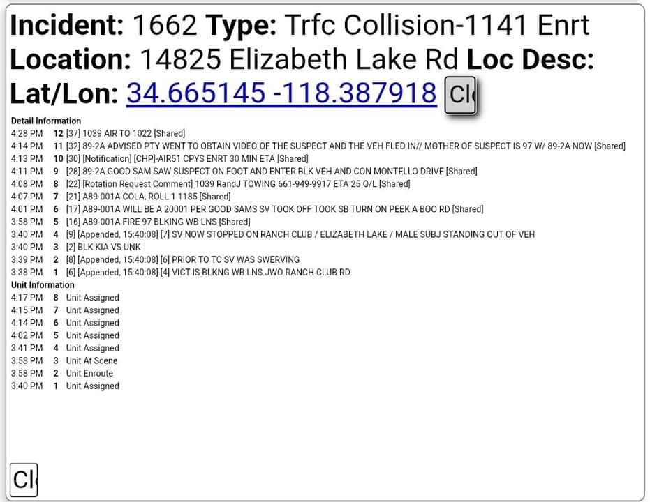 20001 (felony hit and run)....Elizabeth Lake Road and Ranch Club Rd....two vehicle...