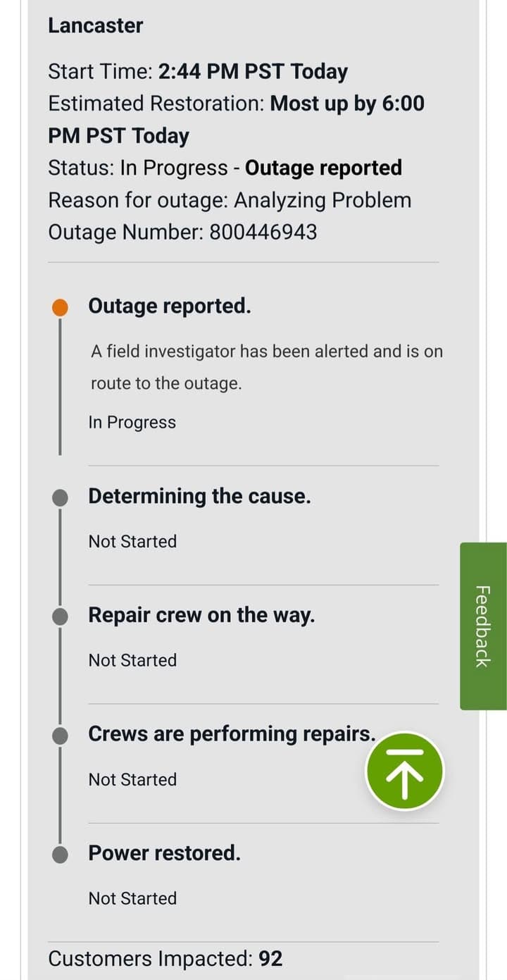 Power outage in the area of Avenue J and Challenger Way. Outage...