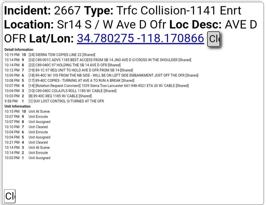 11-79....SB 14 at Avenue D offramp....solo vehicle rollover....CHP and FD enroute code...