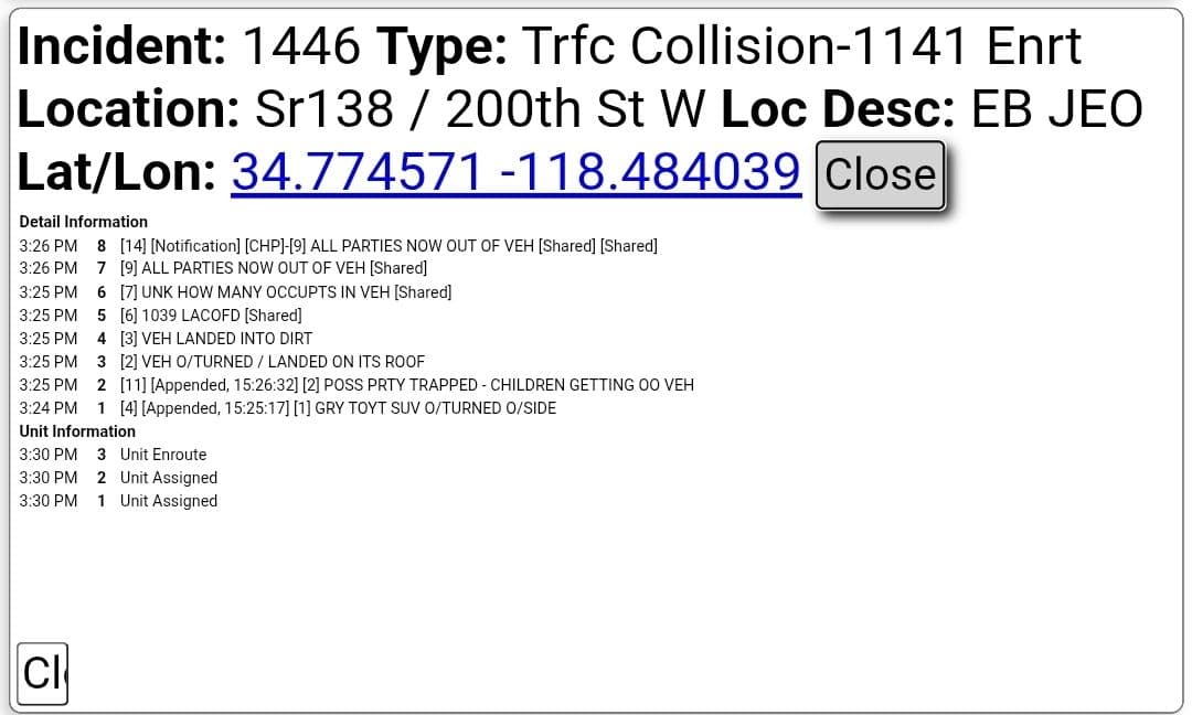 11-79....Avenue D and 200th Street West....solo vehicle rollover, vehicle on its roof....CHP...