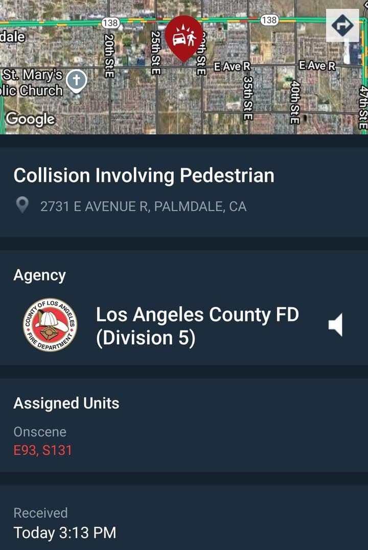 School deputy on scene of a vehicle vs pedestrian at Palmdale High...