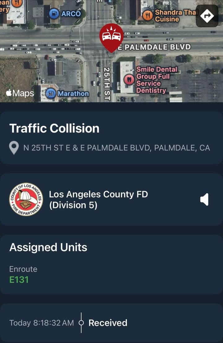 902T/902R…25th Street East and Palmdale Blvd…reported traffic collision…Sheriff and FD enroute code...