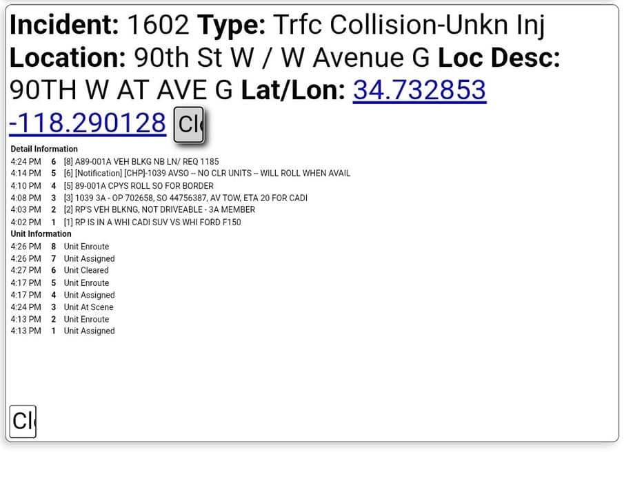 11-83....90th Street West and Avenue G....two vehicle collsion, unknown if injuries....CHP and...