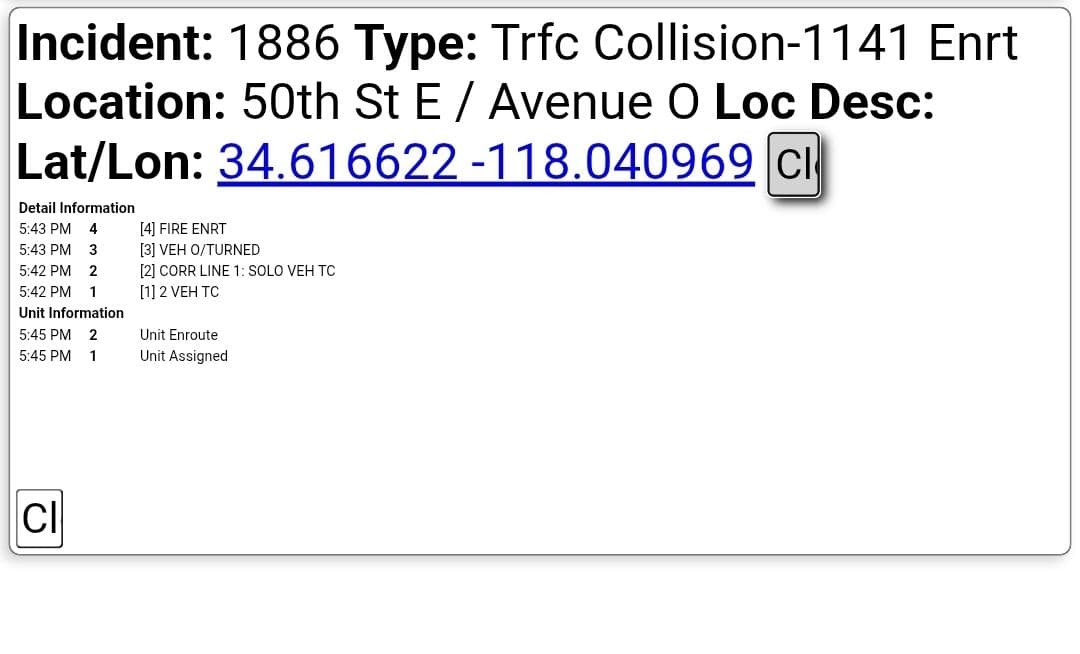 11-79....50th Street East and Avenue O....solo vehicle rollover....CHP and FD enroute code...