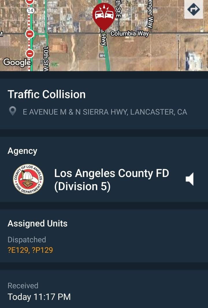 902T/902R....Sierra Highway and Avenue M....two vehicle collision....sheriff and FD enroute code 3...