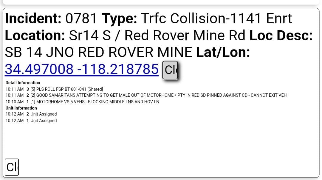 11-79....Southbound 14 north of Soledad Canyon....motorhome vs 5 vehicles, red vehicle pinned...