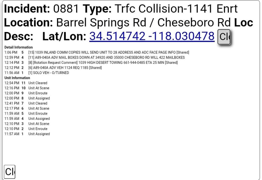 11-79....Barrel Springs Road and Cheseboro Road....solo vehicle overturned....CHP and FD enroute code...