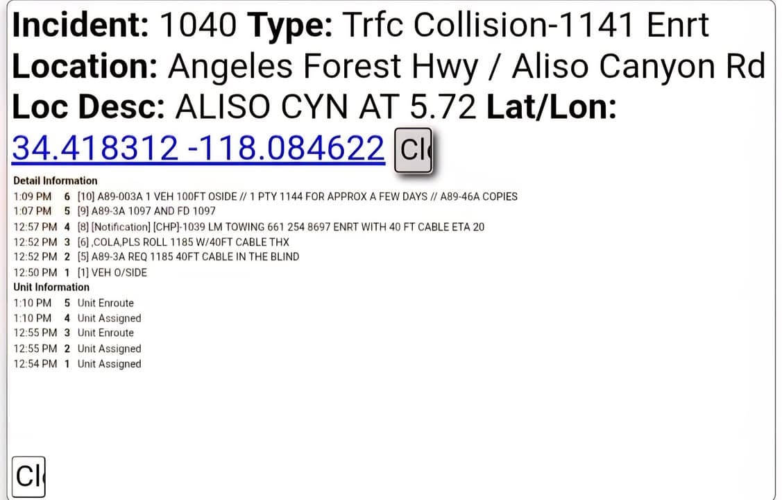 ****CONFIRMED FATALITY**** 11-79....Angeles Forest and Aliso Canyon....caller has visual of vehicle down...
