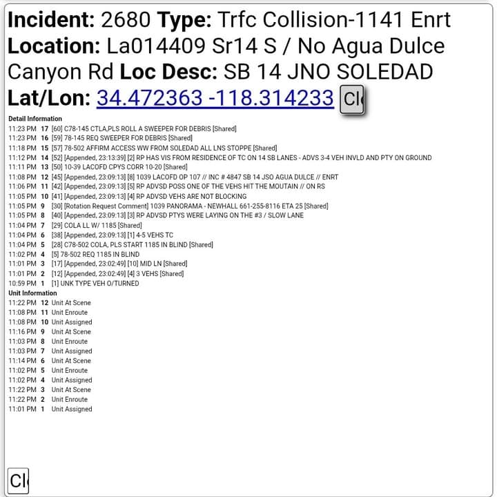 11-79....Southbound 14 between Agua Dulce and Soledad Canyon....multiple vehicle collsion, one overtunred.....CHP...