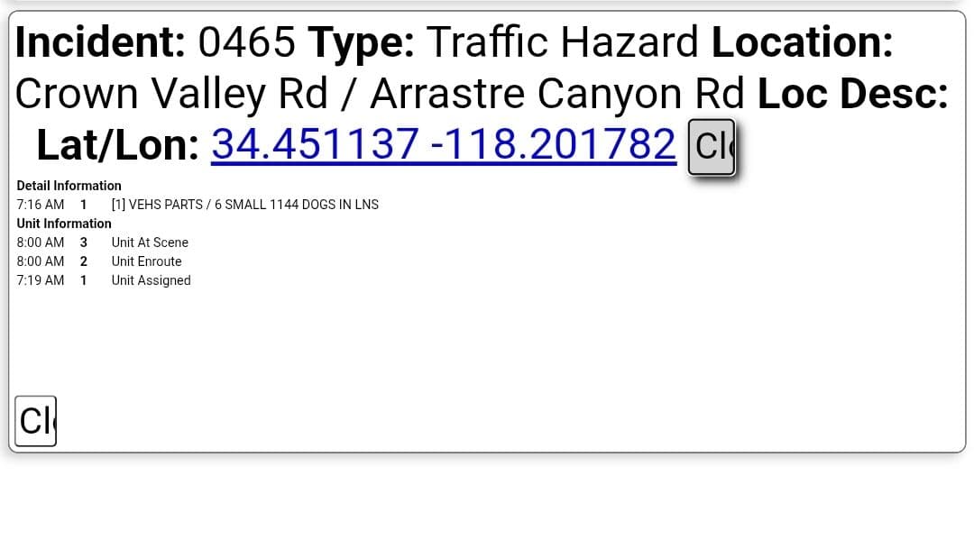 11-25....Crown Valley Road and Arrastre Canyon Road... car parts and 6 small...