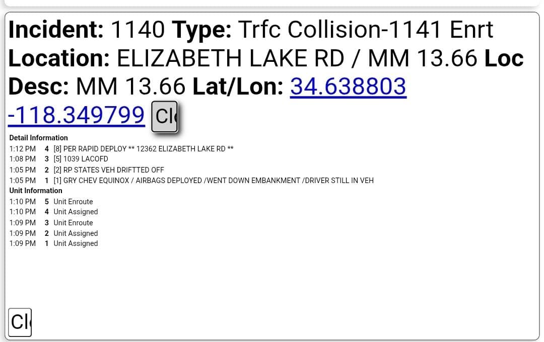 11-79....Elizabeth Lake Road at mile marker 13.66....gray Chevy Equinox drifted off the...
