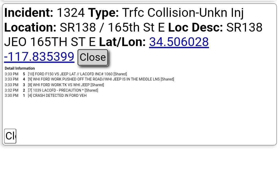 11-79....Highway 138 and 165th Street East....white F-150 VS white Jeep....CHP and FD...