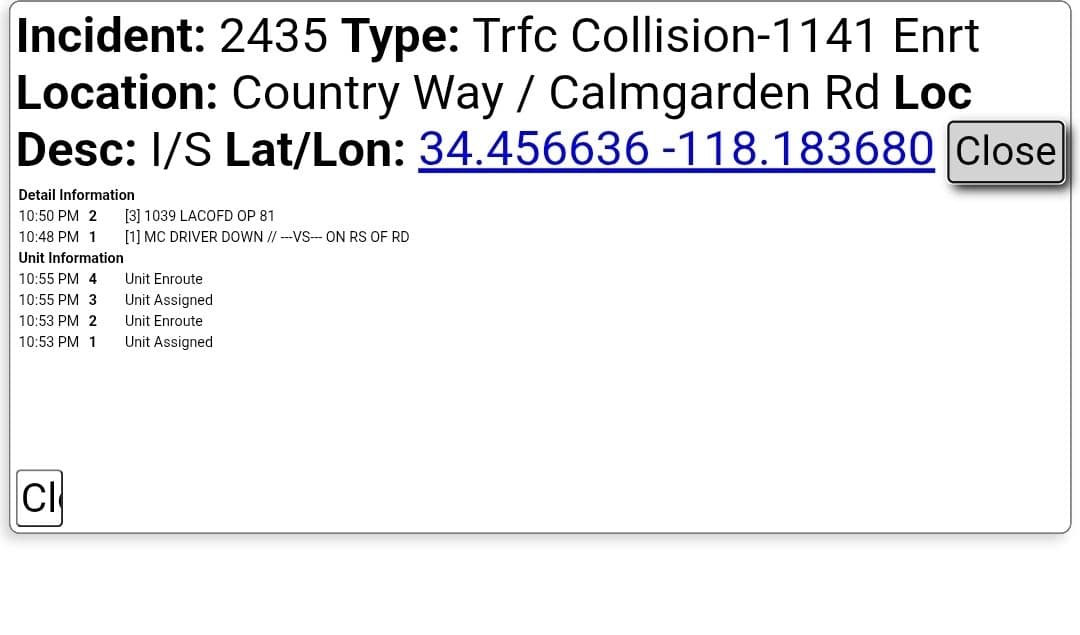 11-79....Country Road and Calmgarden Rd....solo motorcycle collsion, rider is down....CHP and FD...