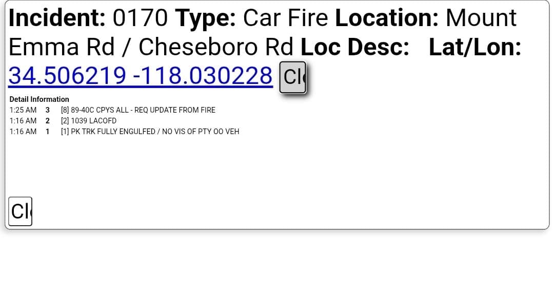 904A....Mount Emma Rd and Cheseboro Road....pickup truck fully engulfed....CHP and FD enroute...