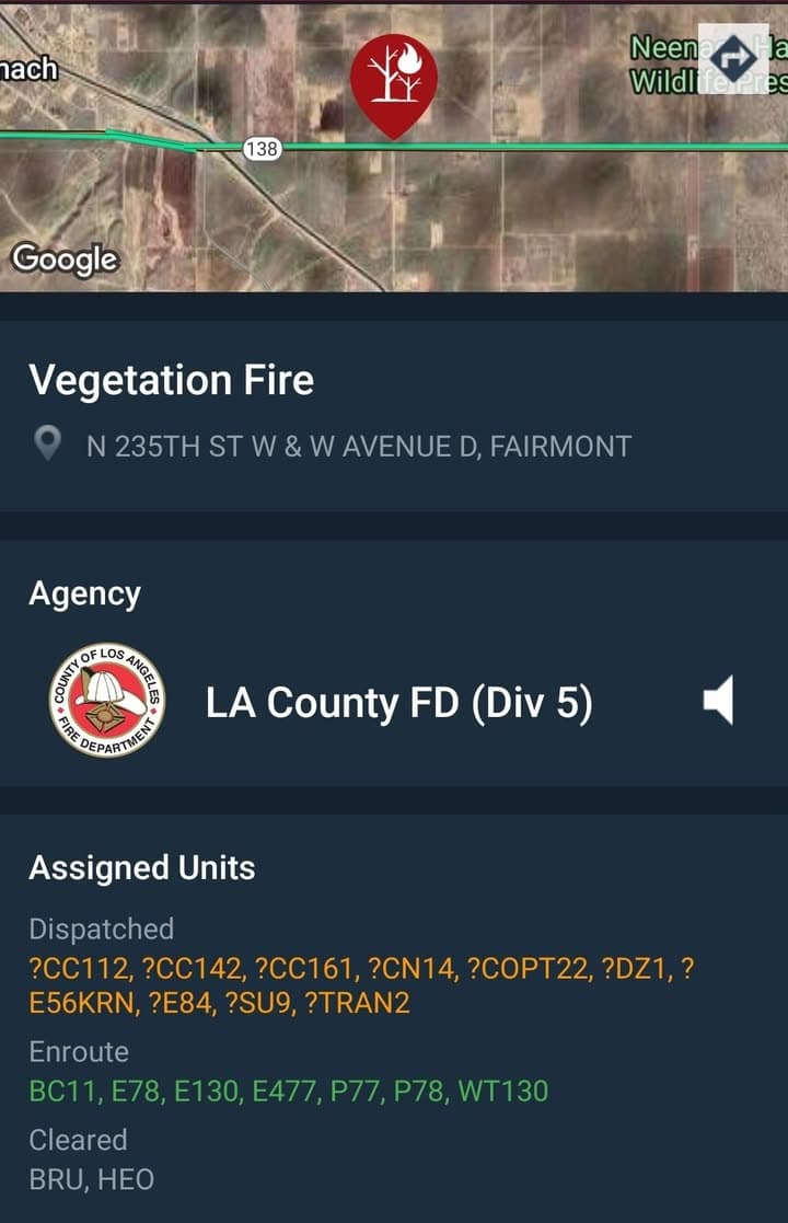 Vegetation fire....Avenue D and 235th Street West....FD enroute code 3 UPDATE: Engine...