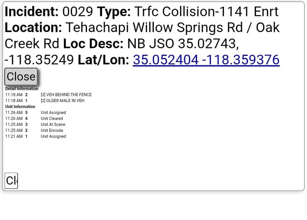 11-79....Tehachapi Willow Springs Rd and Oak Creek Rd....solo vehicle thru fence, older...