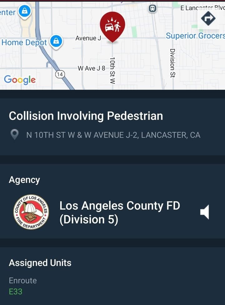 902T/902R....10th Street West and Avenue J-2....vehicle vs pedestrian....sheriff and FD enroute code...