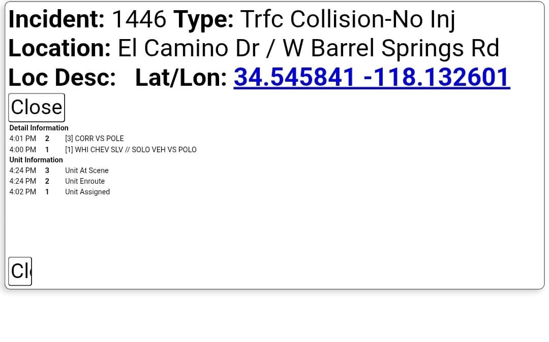 11-82....El Camino Drive and Barrel Springs Rd....white Silverado vs pole, no injuries....CHP...