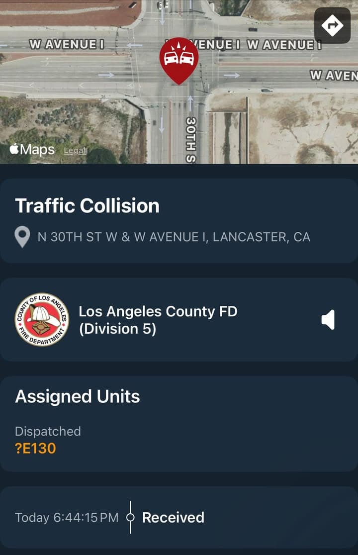 902T/902R…30th Street West and Avenue I…reported traffic collision…Sheriff and FD enroute code...