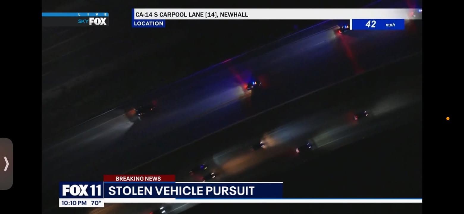 Pursuit…stolen black GMC Sierra…NB14 at Vista Point…vehicle at Sierra Highway and Palmdale...