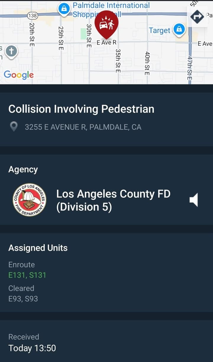 902T/902R....3255 East Avenue R....vehicle vs pedestrian....sheriff and FD enroute code 3 UPDATE:...