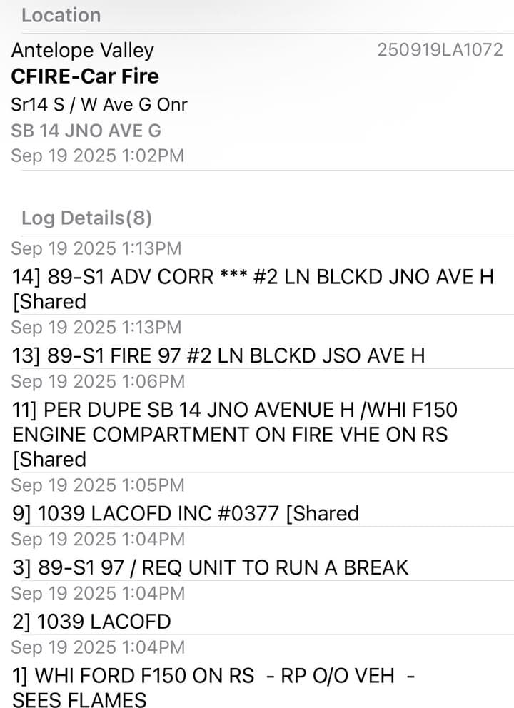 Vehicle Fire…SB14 at Avenue G…white Ford F-150 with engine compartment on fire…occupants...
