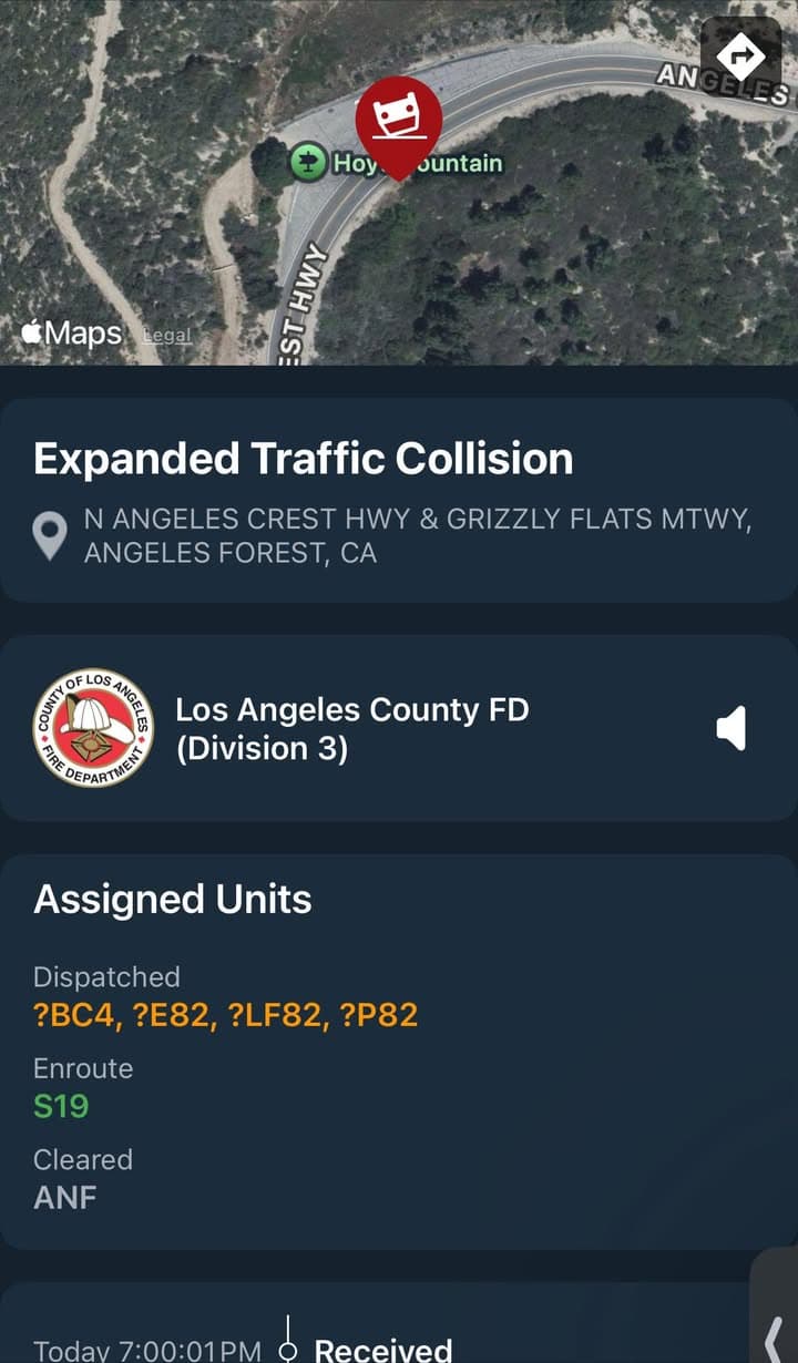 11-79…Angeles Crest Highway at Grizzly Flats Mtwy….solo vehicle traffic collision…one vehicle on...