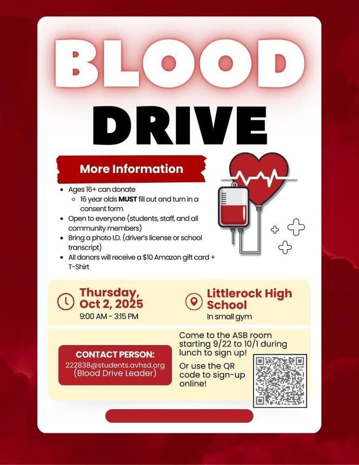 Blood drive at Littlerock High School October 2nd, 9am to 3:15pm. All...