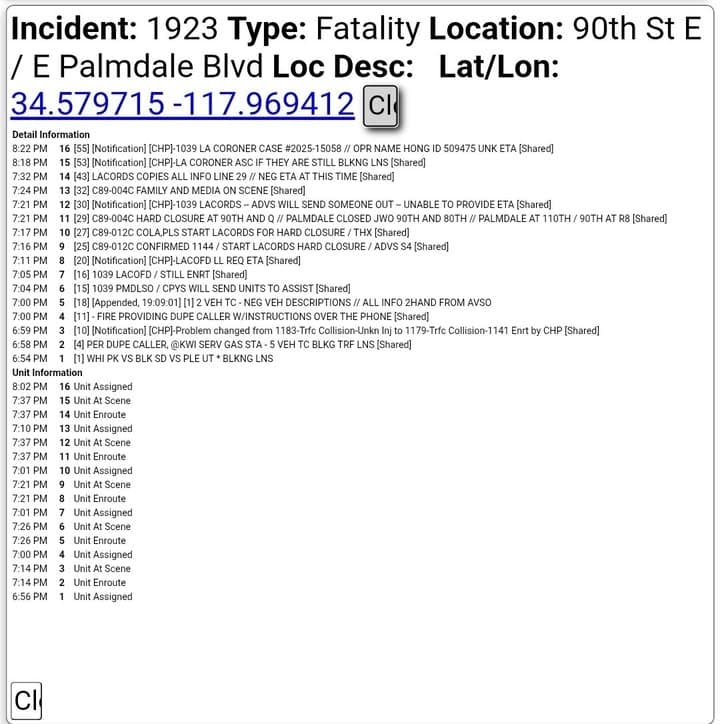 ****CONFIRMED FATALITY **** 11-79....90th Street East and Palmdale Boulevard....three to four vehicle...