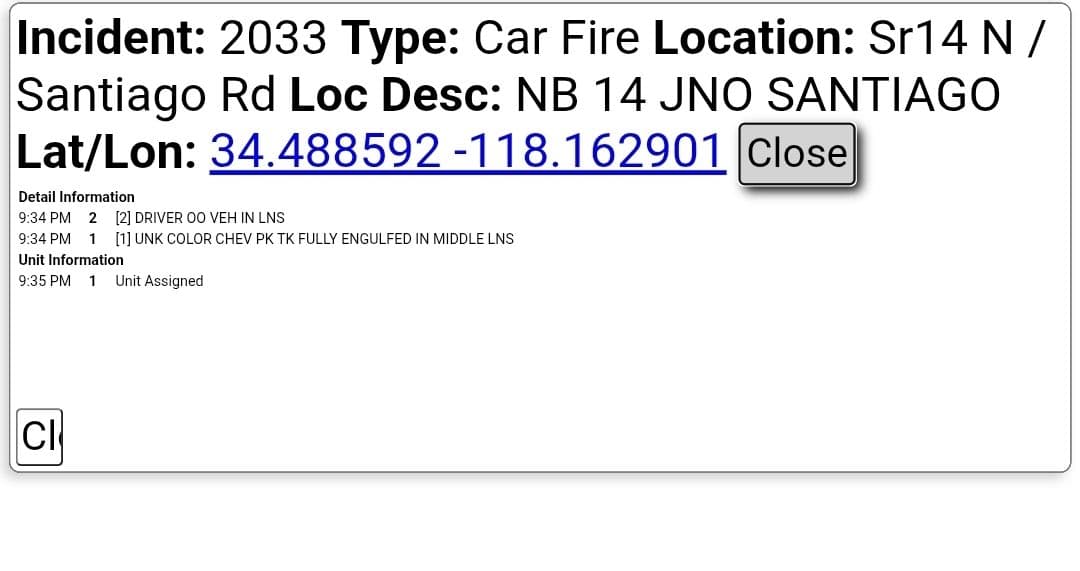 Car fire....Northbound 14 north of Santiago....Chevy pickup truck fully engulfed in middle...