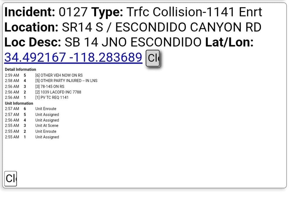 CHP ASSISTANCE REQUEST....Southbound 14 just north of Escondido Canyon Road.....Newhall CHP patrol...