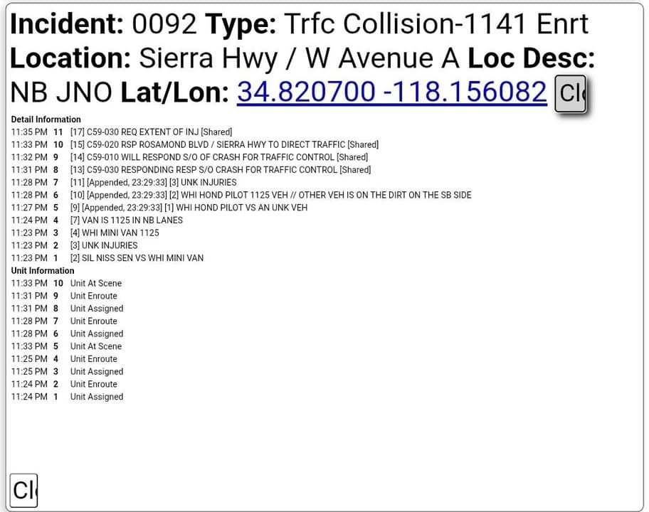 11-79....Sierra Highway and Avenue A....two vehicle collsion, silver Nissan Sentra vs white...