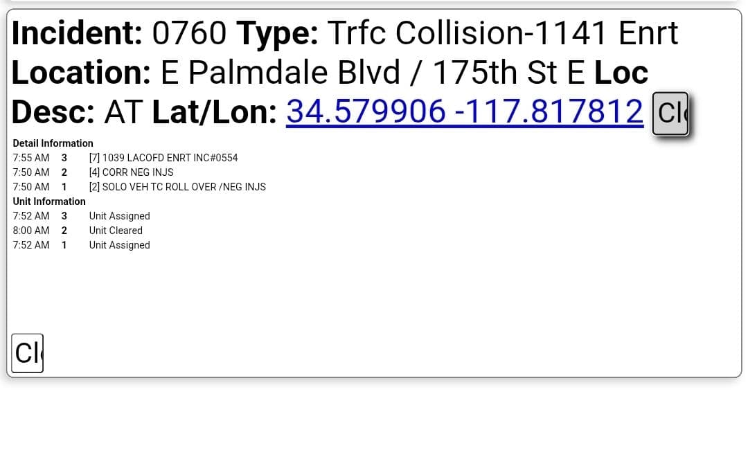 11-79....175th Street East and Palmdale Boulevard....solo vehicle rollover....CHP and FD enroute code...