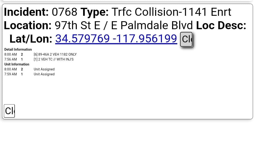 11-79....97th Street East and Palmdale Boulevard....two vehicle collsion ...CHP, sheriff, and FD...
