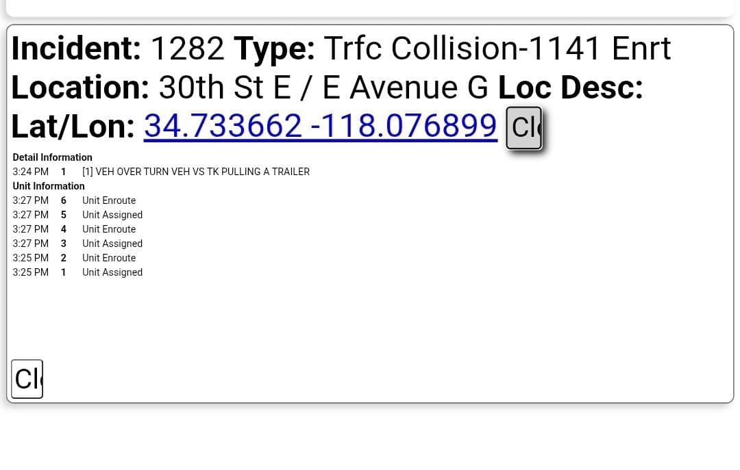 11-79....30th Street East and Avenue G....two vehicle collsion, one overturned.....CHP, sheriff, and...