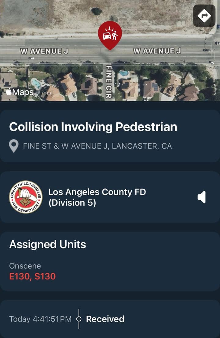 902T/902R…W. Avenue J and Fine Circle…vehicle vs pedestrian…Sheriff and FD enroute code...