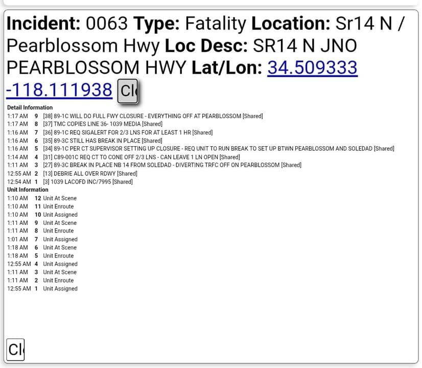 ****CONFIRMED FATALITY**** 11-79....Northbound 14 north of Pearblossom Highway.....three vehicle collsion, one party...